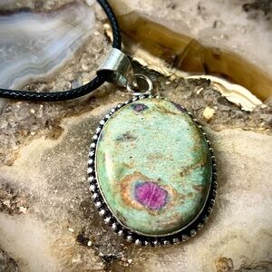 2217 Artisan Silver Necklace with Green and Pink Ruby in Zoisite Colored Stone